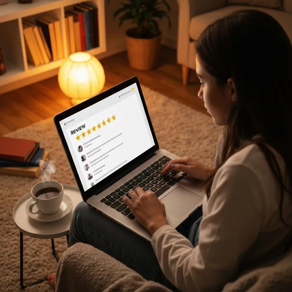 Person reading moving company reviews on a laptop