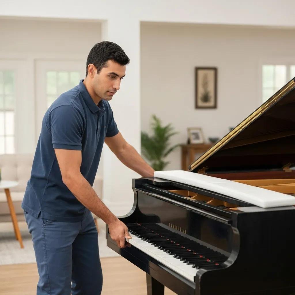 Professional mover handling a grand piano with care during a specialty item relocation