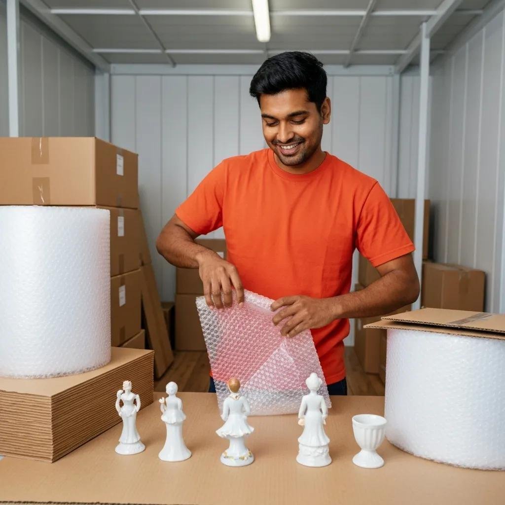 Mover carefully packing fragile items to protect them during transit