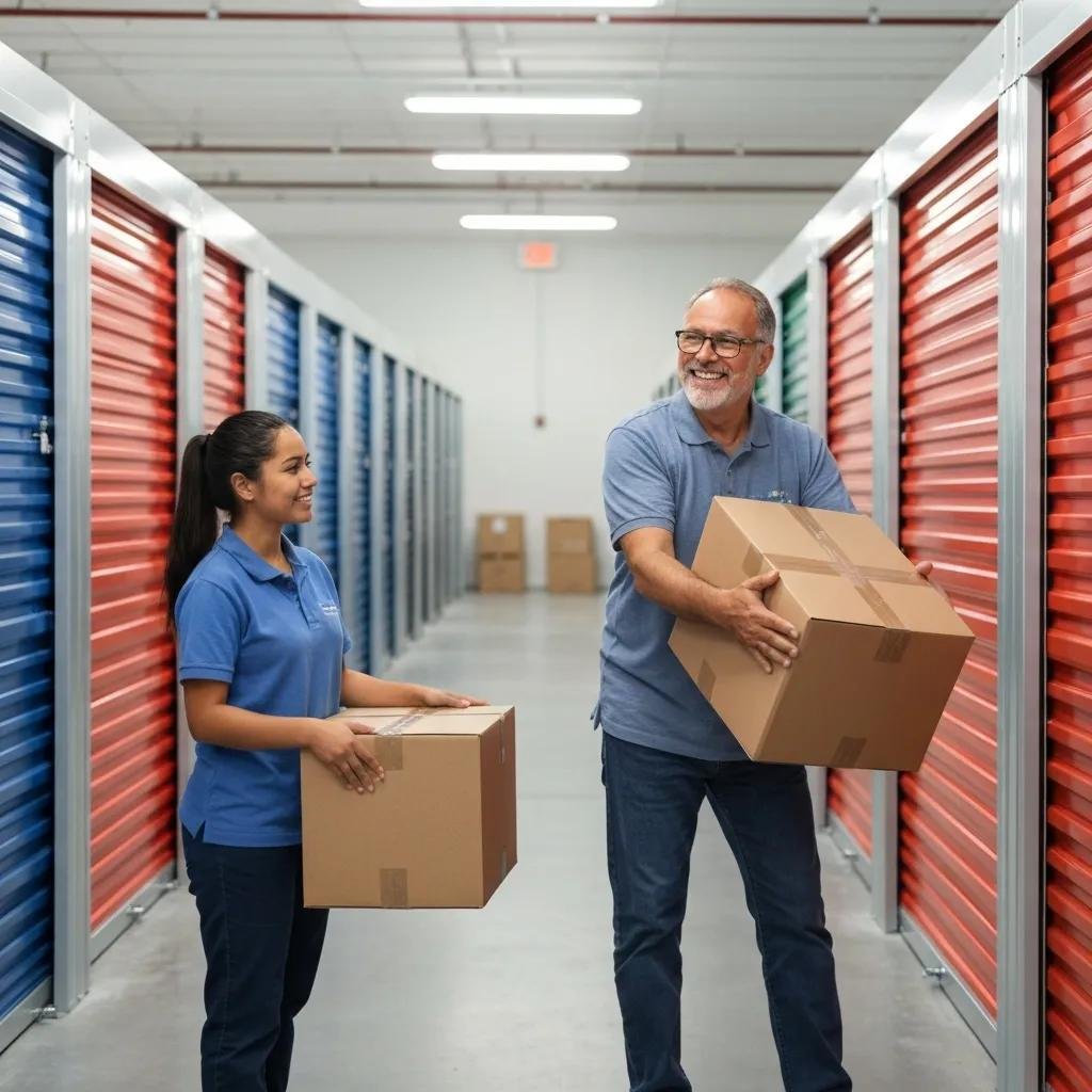 Storage facility staff helping customers — showing temporary storage solutions for a delayed move