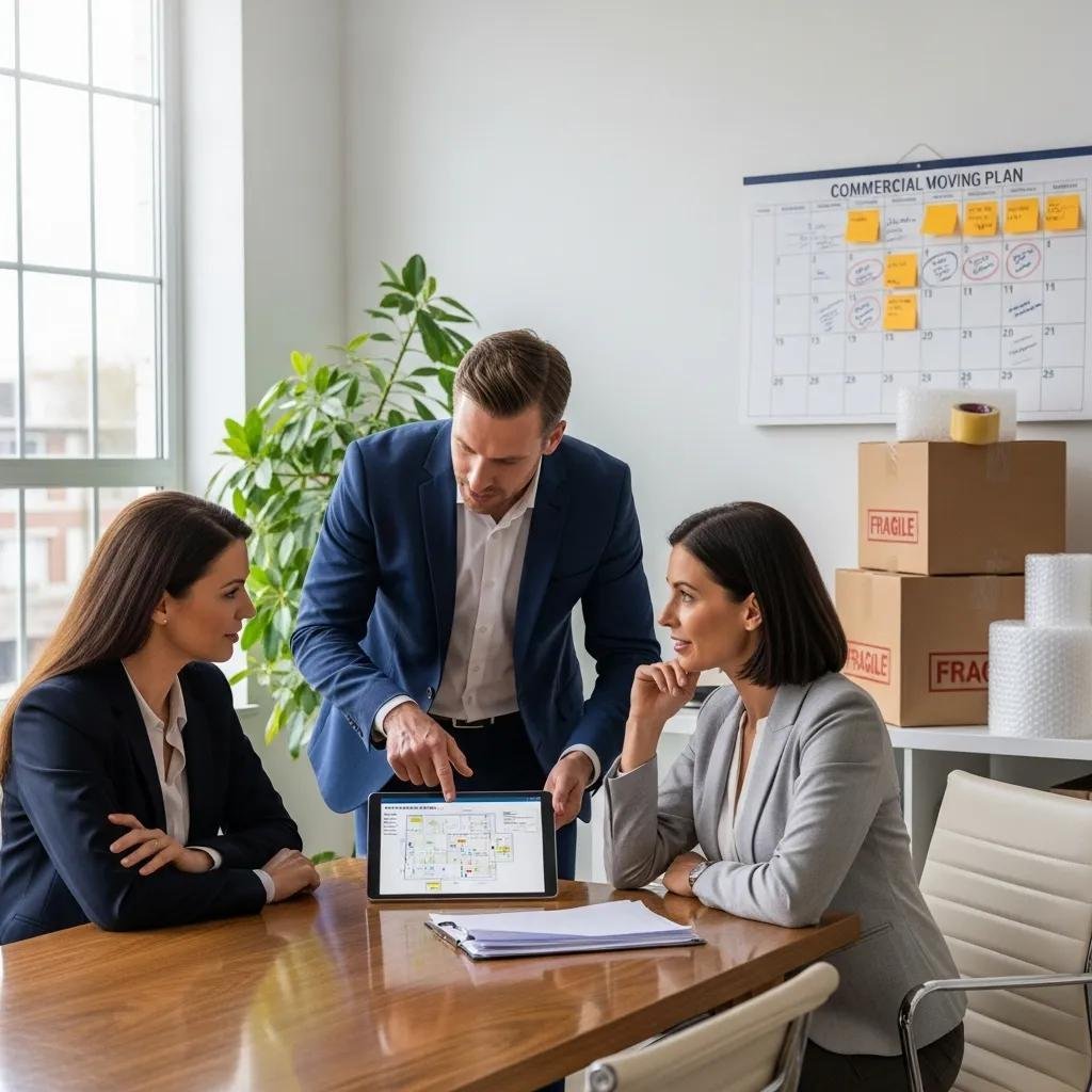 Business owner consulting with a moving expert about office relocation plans