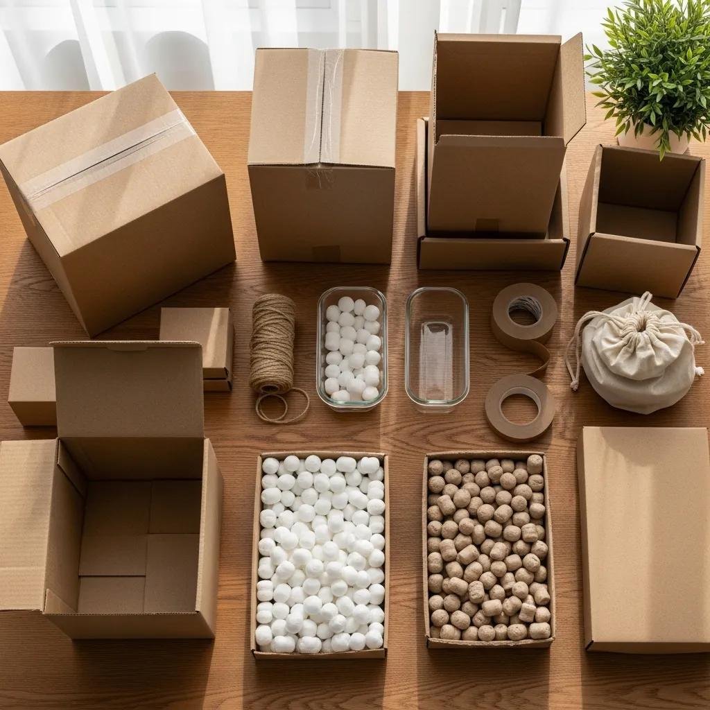 Eco-friendly packing materials including recyclable boxes and biodegradable packing peanuts