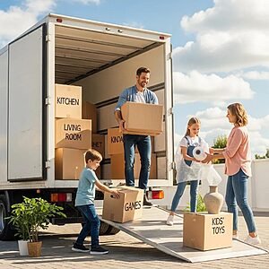 Family packing for a move with organized boxes and a moving truck