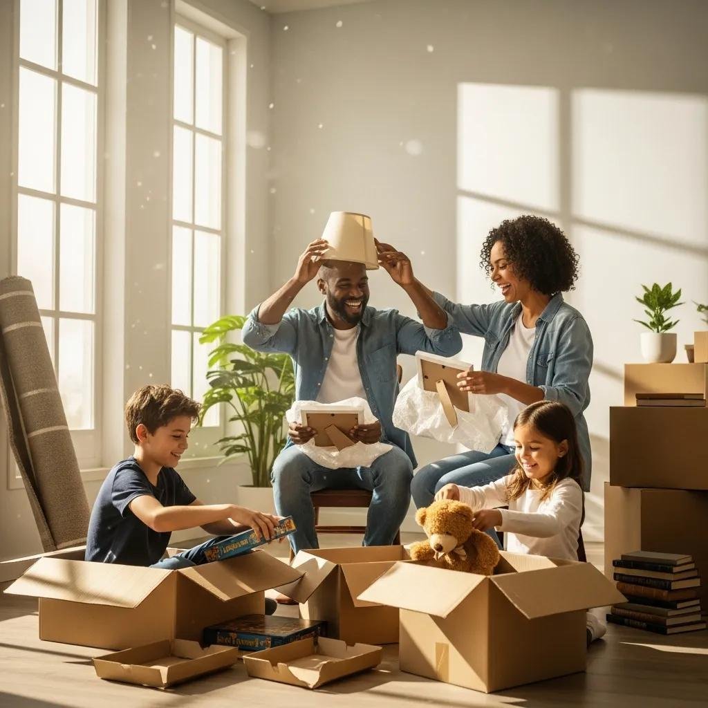 Family unpacking boxes in a new home — demonstrating a calm, organized move