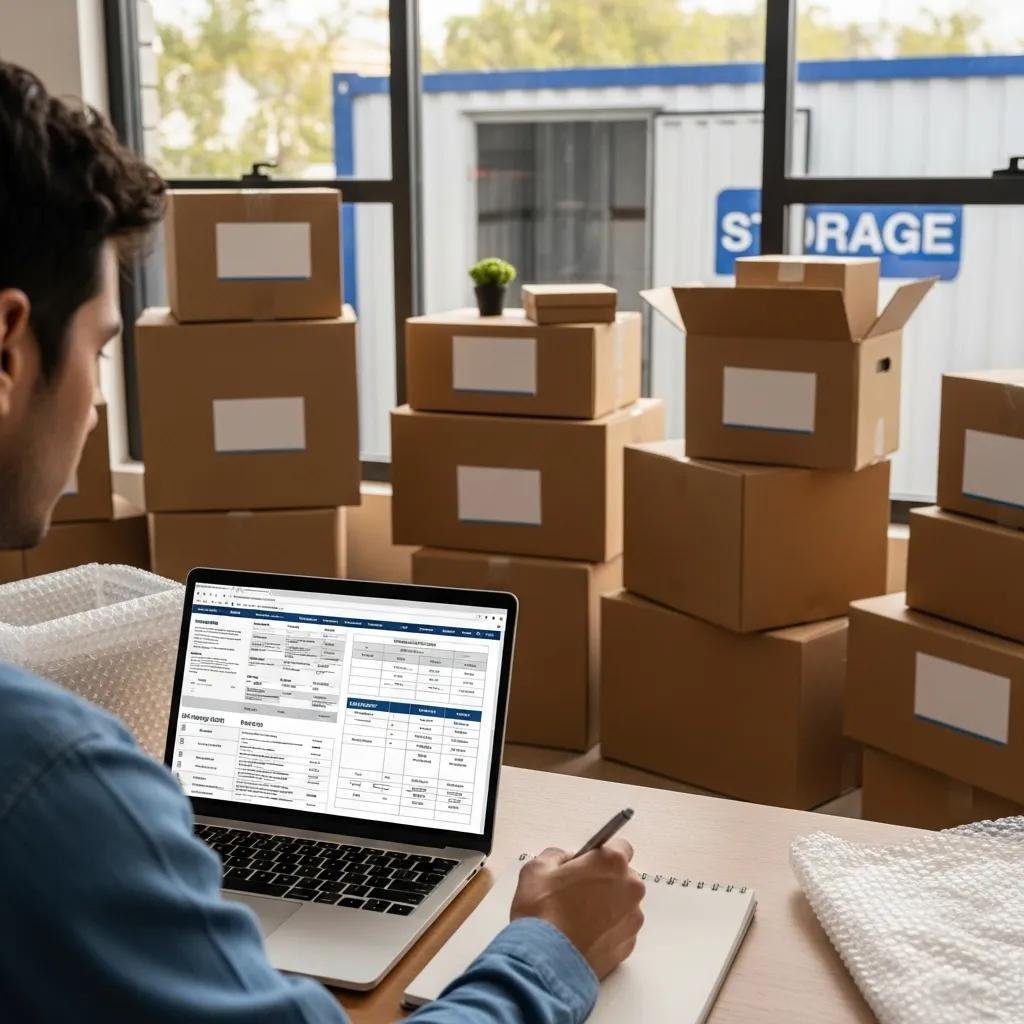 Person comparing moving costs next to boxes and a portable storage unit