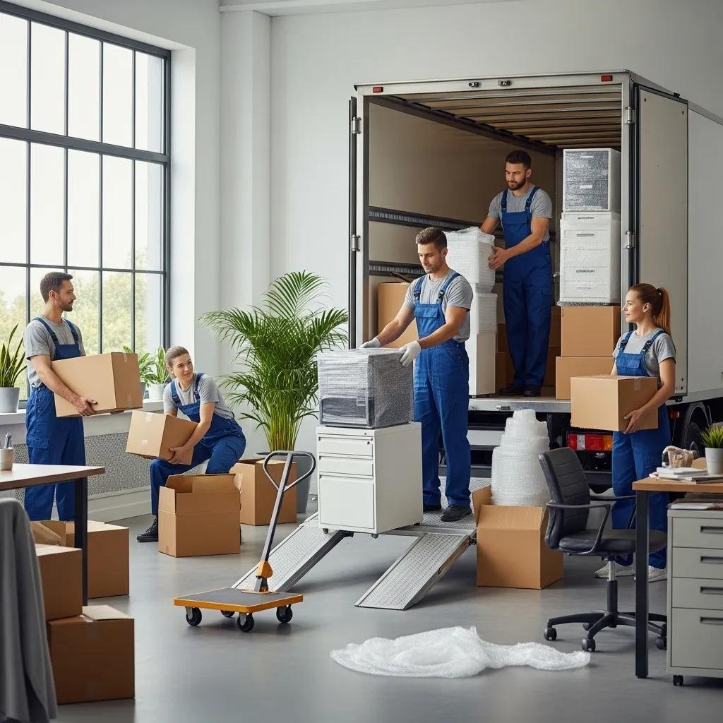 Professional movers packing office equipment into a moving truck for a commercial relocation