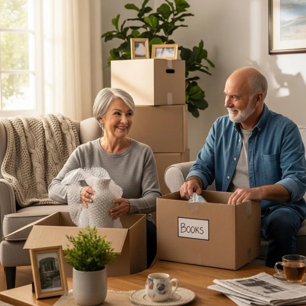 Senior couple packing for a move, showcasing the emotional support and care in senior relocation